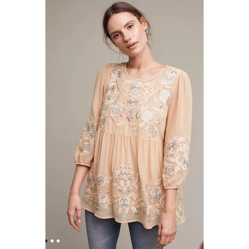 ANTHROPOLOGIE One September Women L Embroidered Peplum Puff Sleeve Blouse Boho